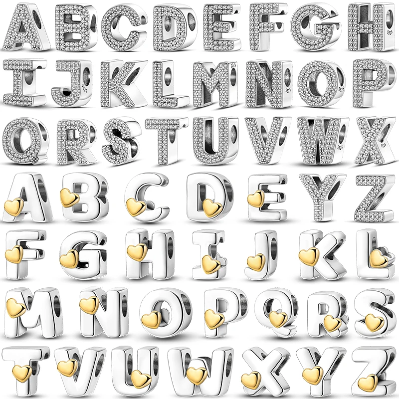 Beads Charms 925 Sterling Silver Letter Charms A-Z Golden Love Alphabet Charms For Women Fine DIY Birthday Jewelry Gifts