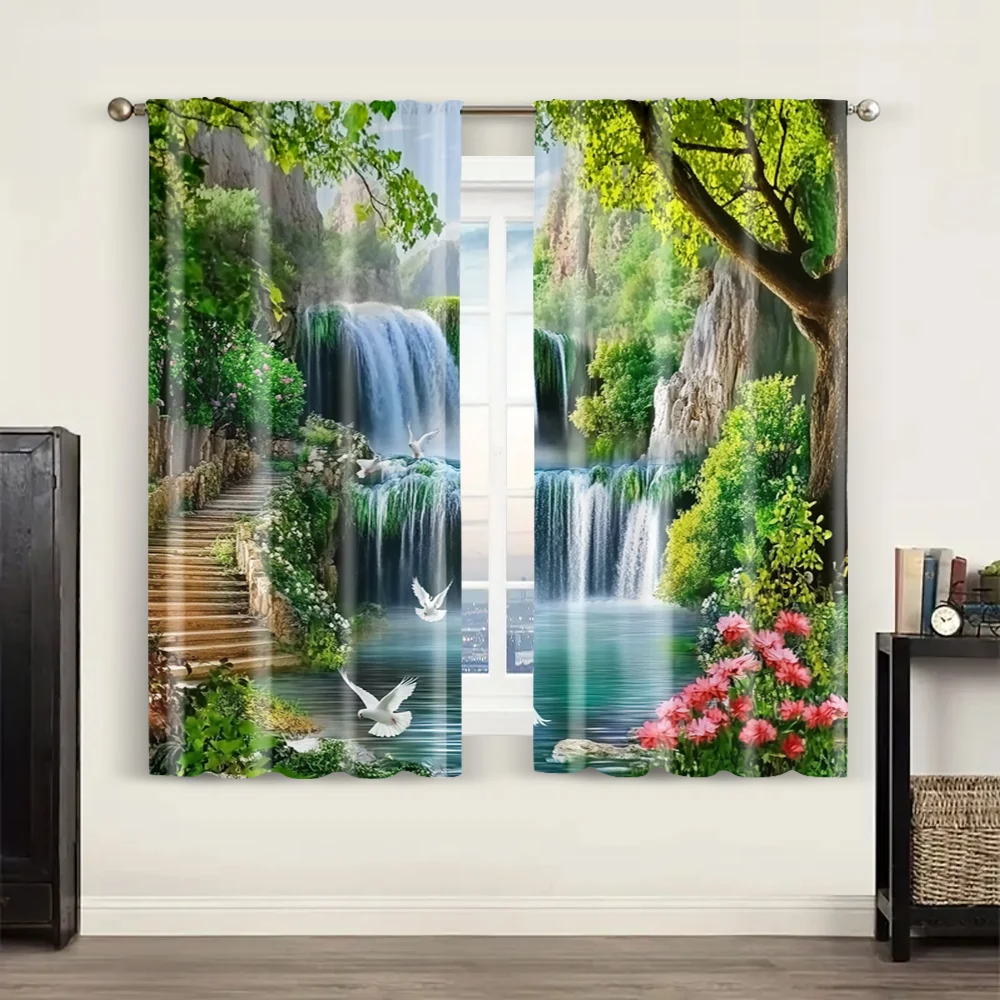2pc, Window Curtains Beautiful forest waterfall scenery Durable 100% Polyester Fabric,Without Electricity Spring Party & Holiday 6