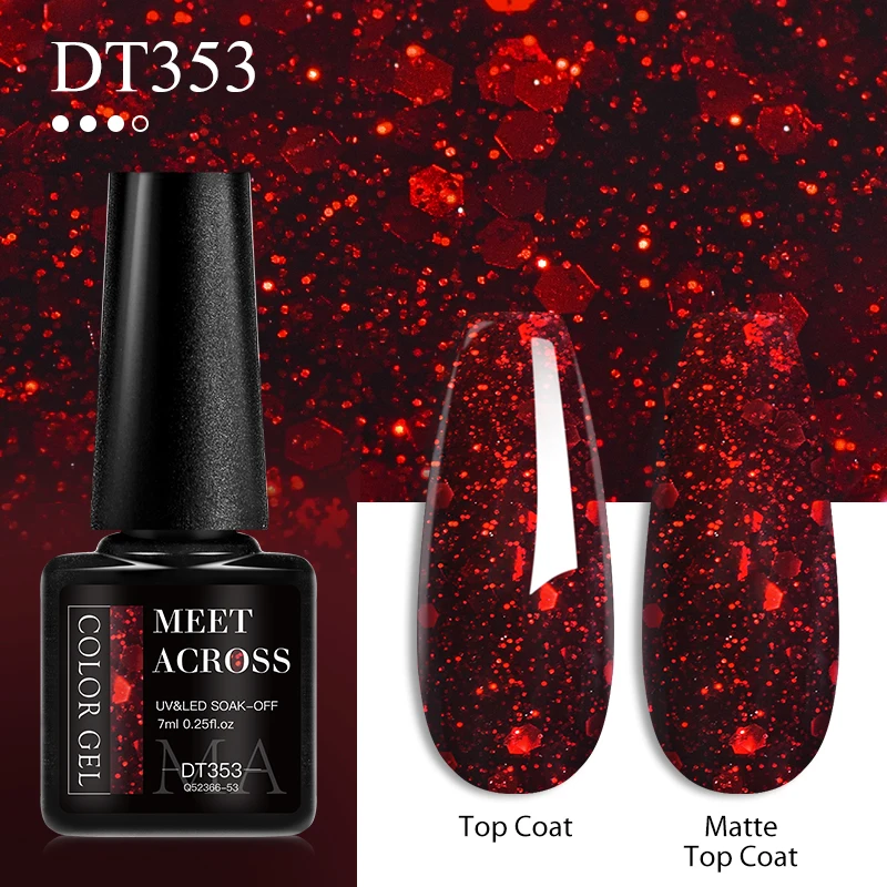 MEET ACROSS 7ml Red Gel Nail Polish Crystal Semi Permanent Soak Off UV Gel Varnish Nail Art Manicure Base Matte Top Coat Vernis 4