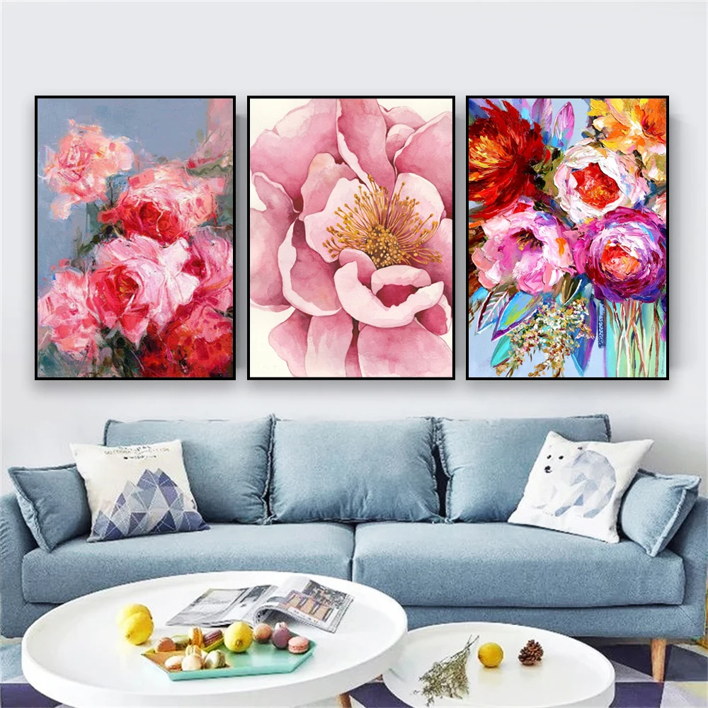 

Abstract Colorful Flower Oil Painting Poster Rose Pink Flowers Prints Wall Art Canvas Painting Print Botanical Living Room Decor