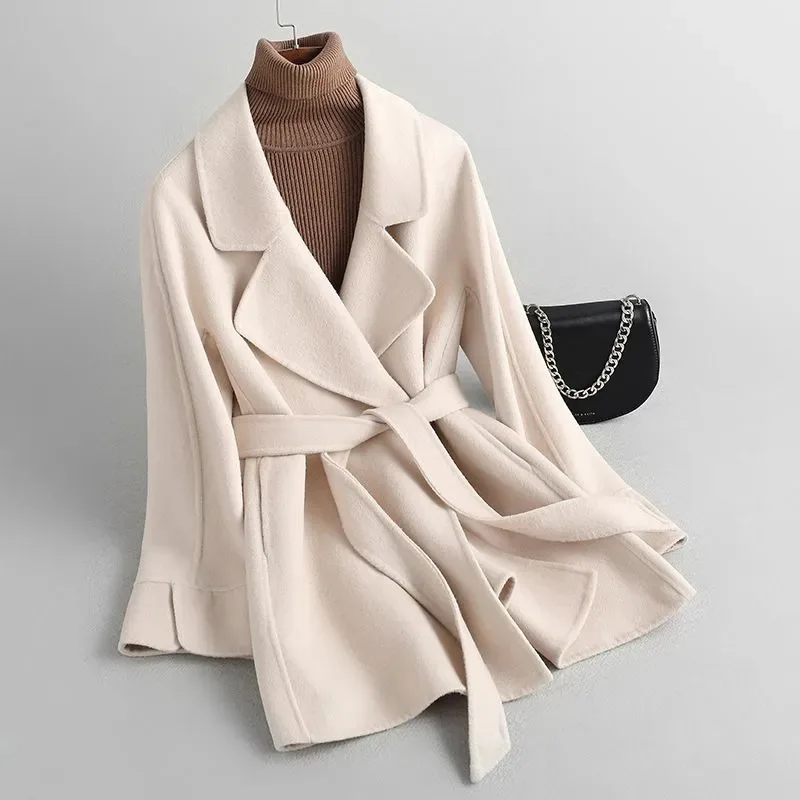 Double-Sided Felt Coat Female Autumn Winter 2023 New Small Camel Lace-up off the Shoulder Sleeve Loose Women's Coat Solid Color