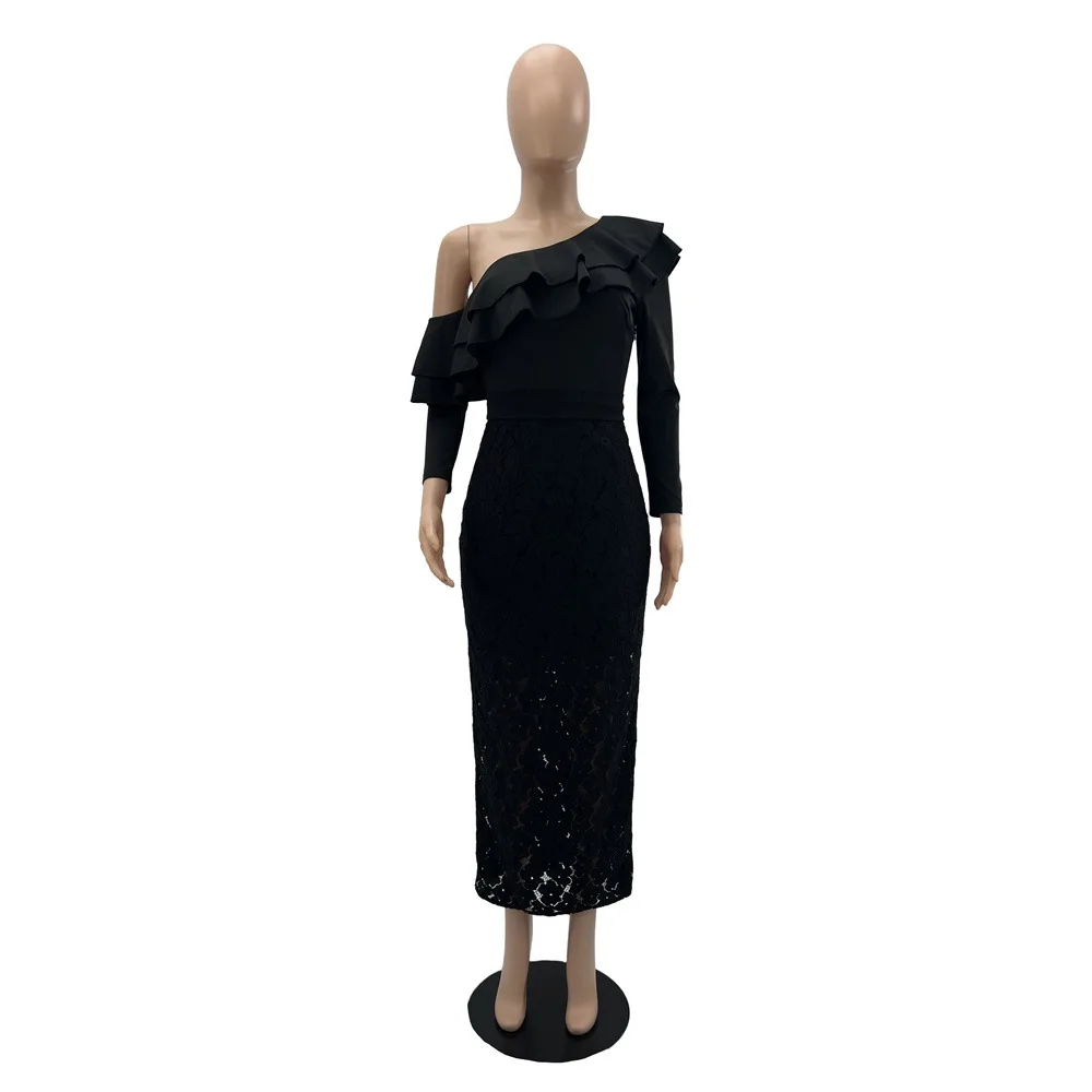 Woman Sexy Long Lace Dress One Shoulder Irregular Ruffles Long Sleeve  Bodycon Elegant Party Birthday Evening Autumn New Fashion - AliExpress  200000345