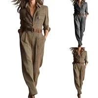 Womens Jumpsuit Beige Plaid Shirt-Style Jumpsuits Belted Wide-Leg Casual Office Jumpsuits 2026 Fashionable Outfit Vestido - Image 2