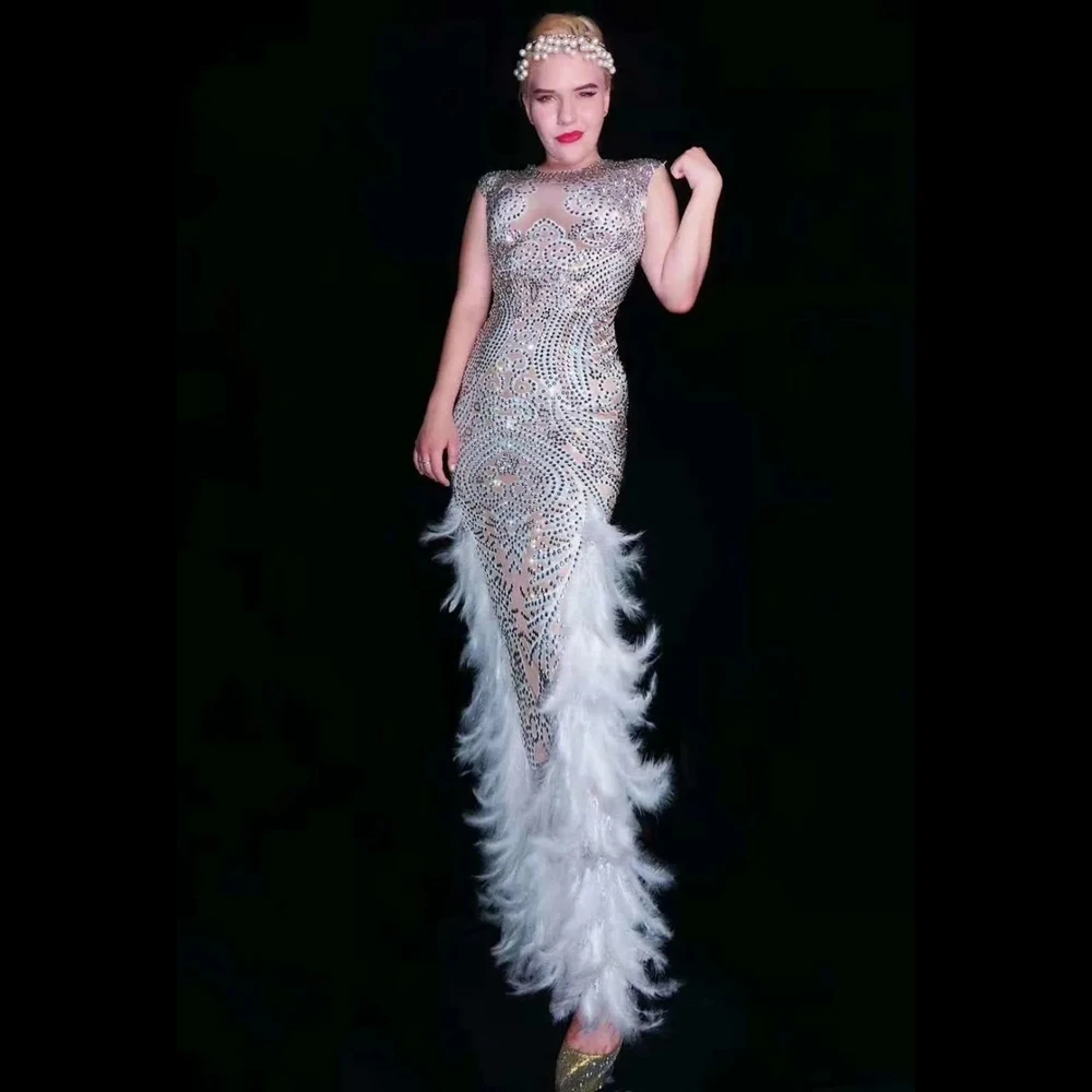 

Sparkly Full Rhinestones Stretch Sleeveless Feathers Long Dress Sexy Birthday Prom Celebrate Evening Dress Photo Shoot Wear