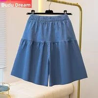 Loose A-Line Denim orts Women's Summer Thin Ice Silk  Wide Leg Five-Quarter Length Middle Waist Pants plus Size - Image 3