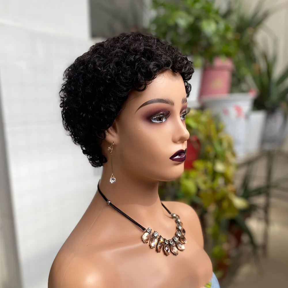 Short Pixie Cut Curly Wigs Human Hair Brazilian Human Hair Machine Wigs For Black Women Natural Black Curly Human Hair Wigs