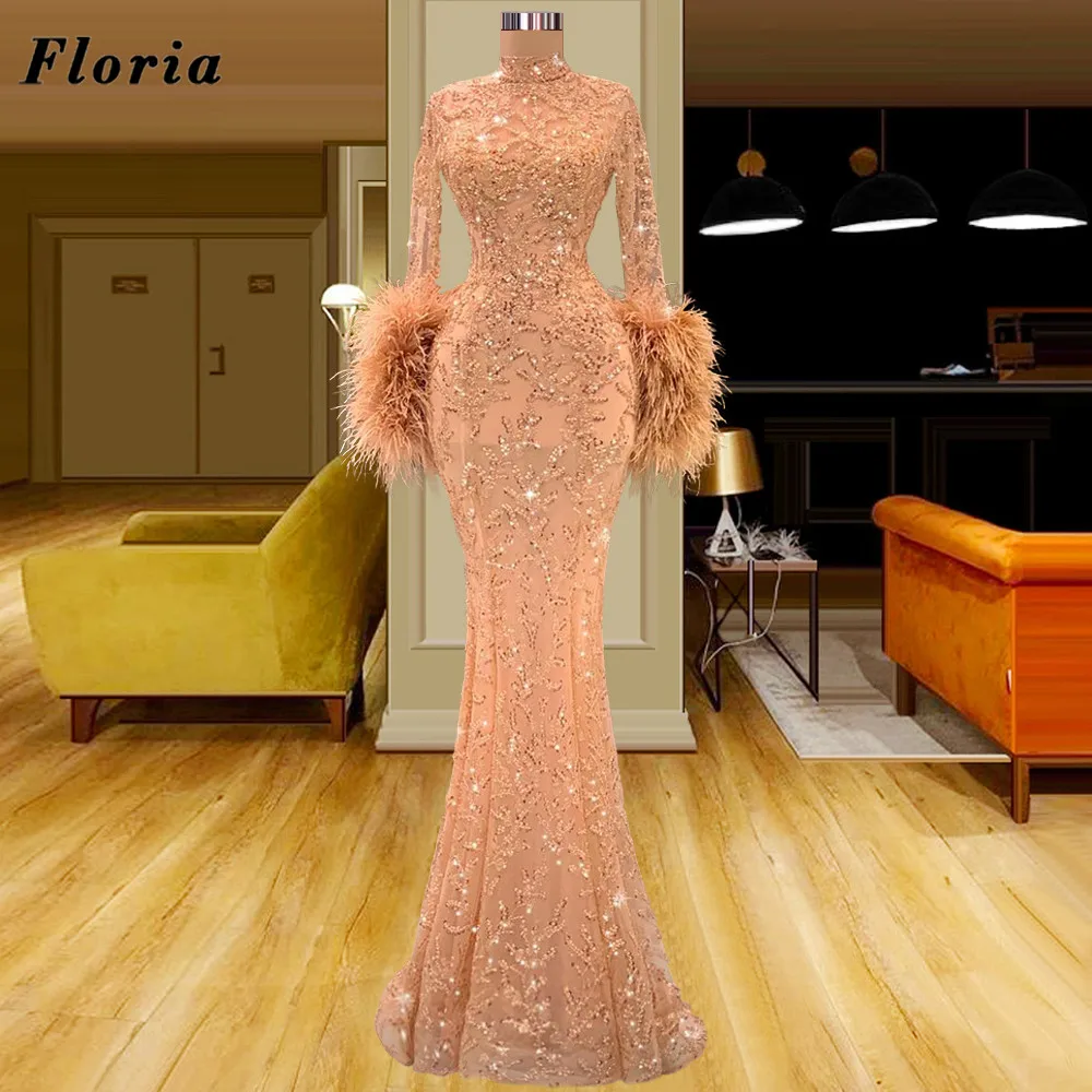 

Floria Turkish Backless Evening Dresses Elegant Long Feathers Celebrity Dress Dubai Bling Glitter Women Prom Party Dress 2022