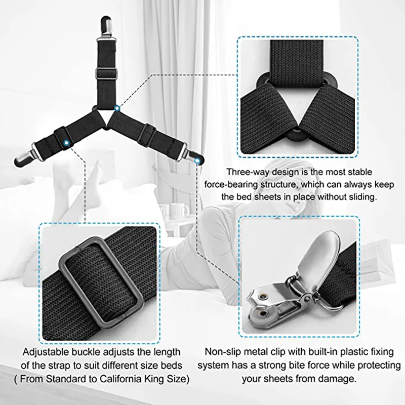 Adjustable Triangle Elastic Suspenders Gripper Holder Straps Clip for Bed  Sheets - China Bed Sheet Fasteners and Adjustable Bed Sheet Tensioner price