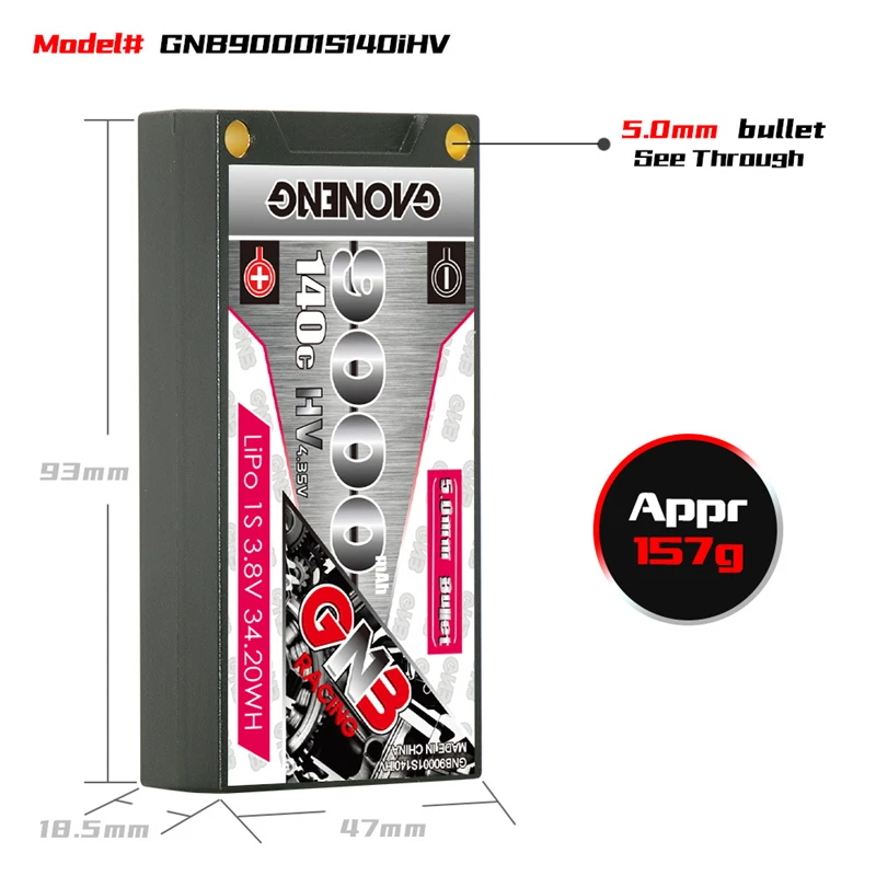 

Original GNB 1S 3.8V 9000mAh 140C/280C LiPo Battery For 1/12 Racing RC Car Boat See Through Hardcase 5.0mm Bullet 3.8V Battery