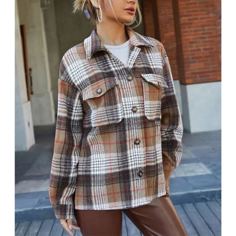 2023 Autumn and Winter Vintage Plaid Fashion Trend Polo Collar Versatile Pockets Simple Commuter Long Sleeve Loose Woolen Coat