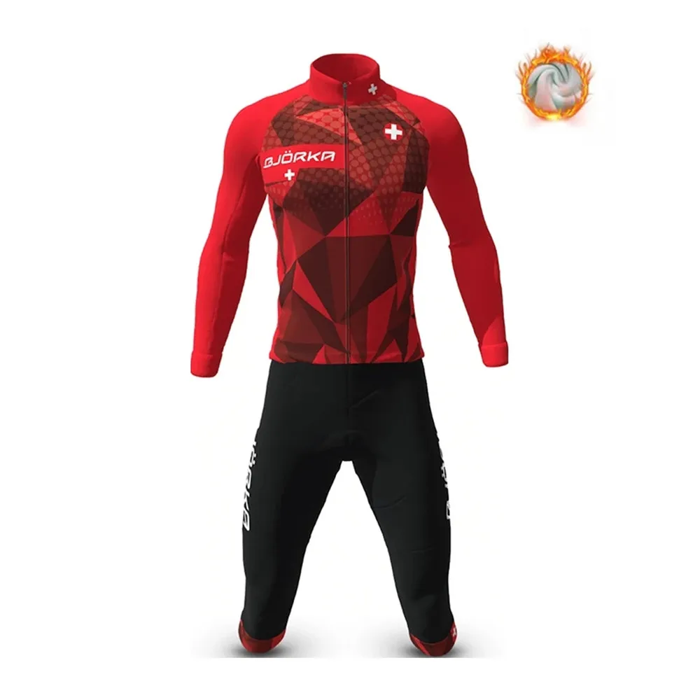 

BJORKA Winter Men Cycling Jersey Jacket MTB Fleece Flannel Long Sleeve Fleece Warm Thick Coat Ciclismo Outdoor Pants 3/4 Set