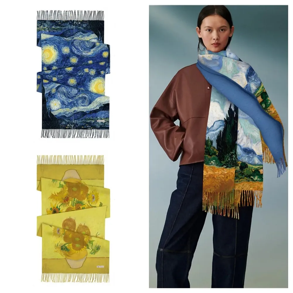 Autumn and winter Van Gogh oil painting retro literary tassel imitation cashmere scarf Winter warm neck long with a shawl 2023 women s merad style brown plaid tassel faux cashmere scarf winter retro plaid warm shawl as a christmas gift