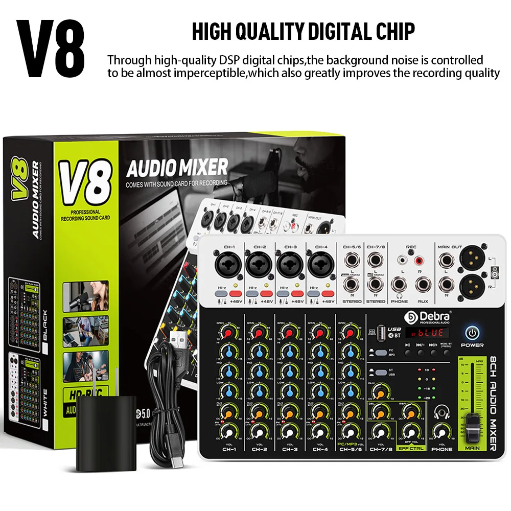 Debra Audio Mixer DJ Console V8 8 Channel 48V Phantom Power USB DJ Console With Sound Card For PC Recording Singing audio mixer sound card audio interface