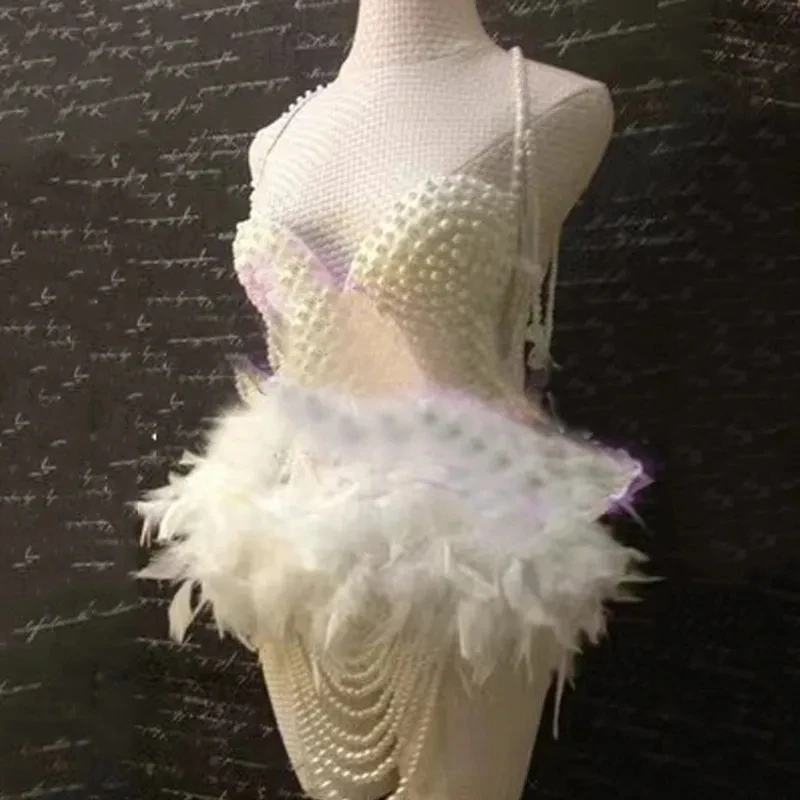 Sexy Pole Dance Bikini Festival Outfit Drag Queen Costume feather Pearls Bodysuit Women Stage Performance Wear