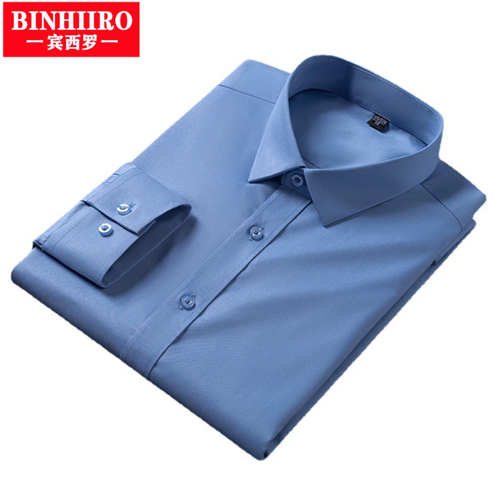 

BINHIIRO 2023 New Men's Long Sleeve Shirt Men's High-Quality Bamboo Fiber Business Suits Casual Solid Color Men's Shirts