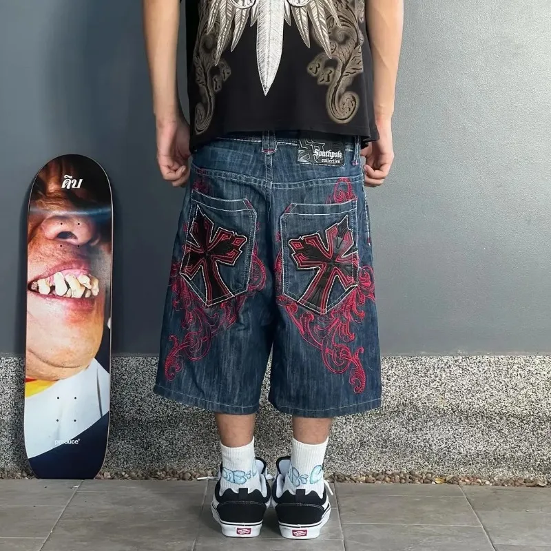 Gothic punk cross graphic print design casual denim short for men 2024 new fashion comfortable versatile casual jorts shorts y2k 2
