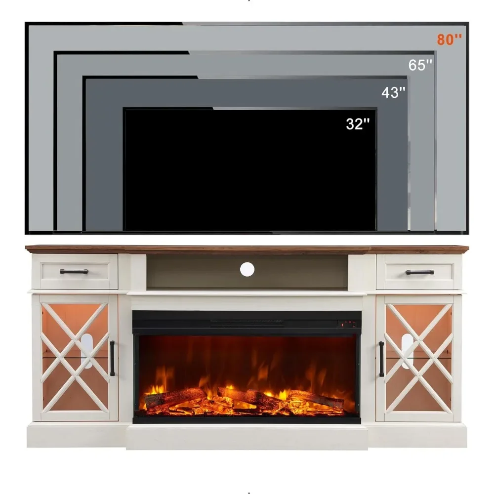 Farmhouse Electric Fireplace TV Stand for TVs up to, Highboy Entertainment Center with Glass Door Storage Cabinet 5