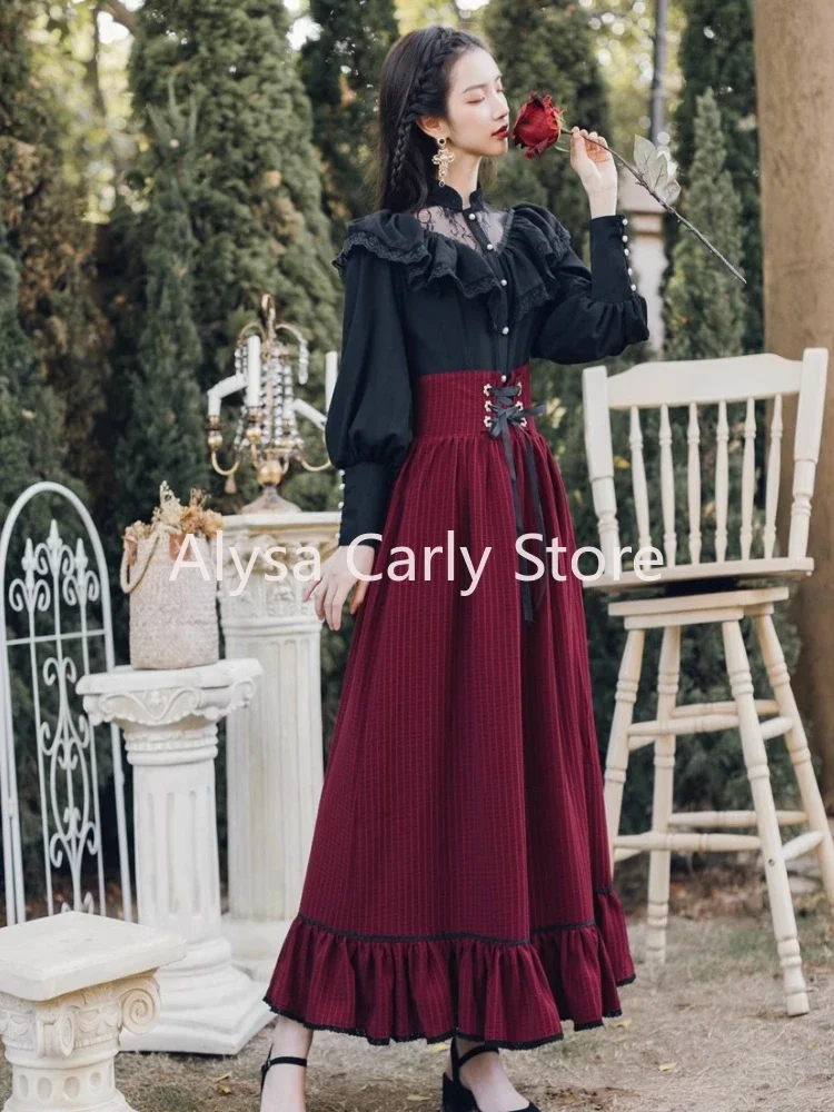 Vintage Gothic Two Piece Dress Sets Women Black Lace Ruffle Blouse