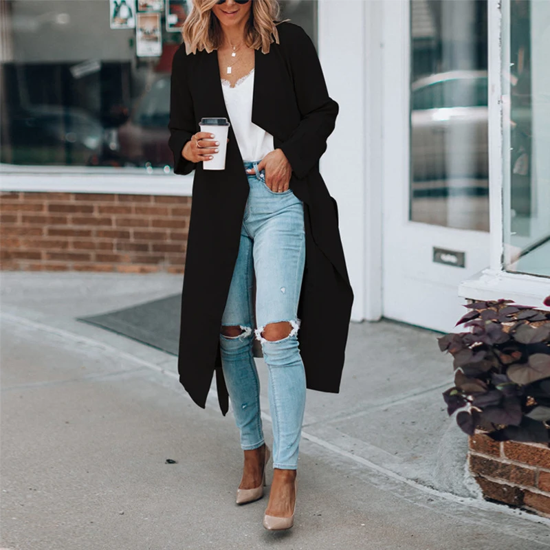 

Women Elegant Turn-down Collar Office Cardigan Spring Solid Loose Long Tops Outerewar Autumn Long Sleeve Jacket Coats Harajuku
