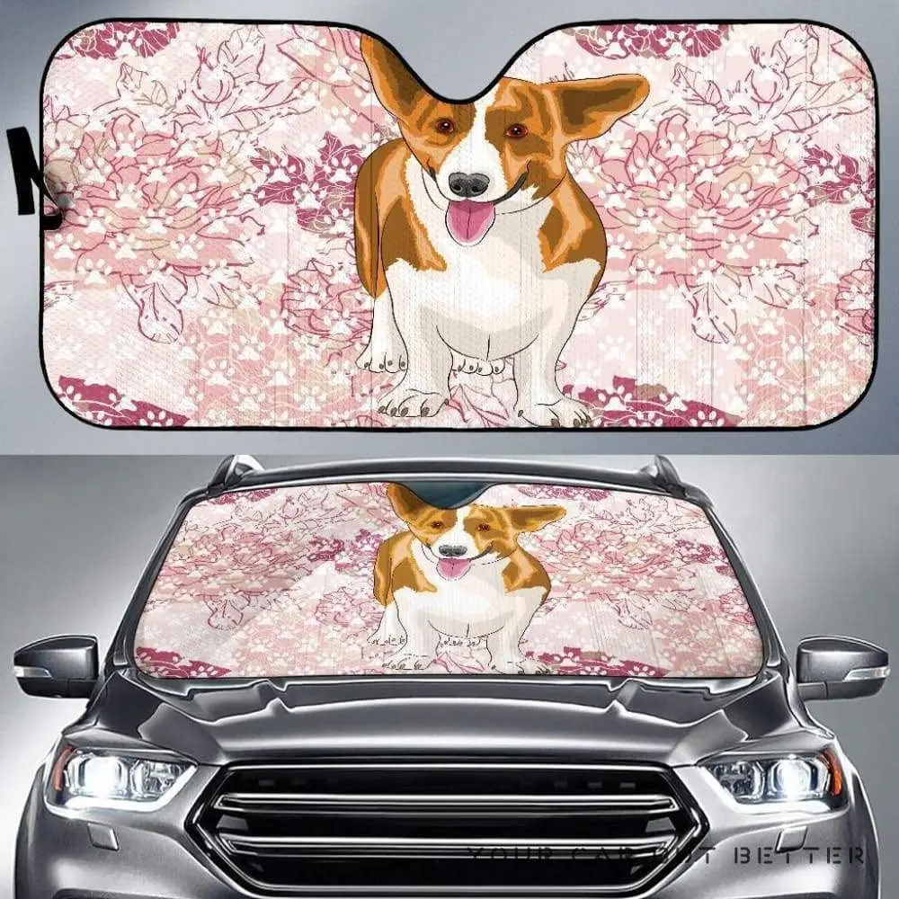 

Cute Pembroke Corgi Dog In Pink Floral Pattern Print Car Sunshade, Tounge Out Pembroke Corgi In Floral Pink Background Auto Sun