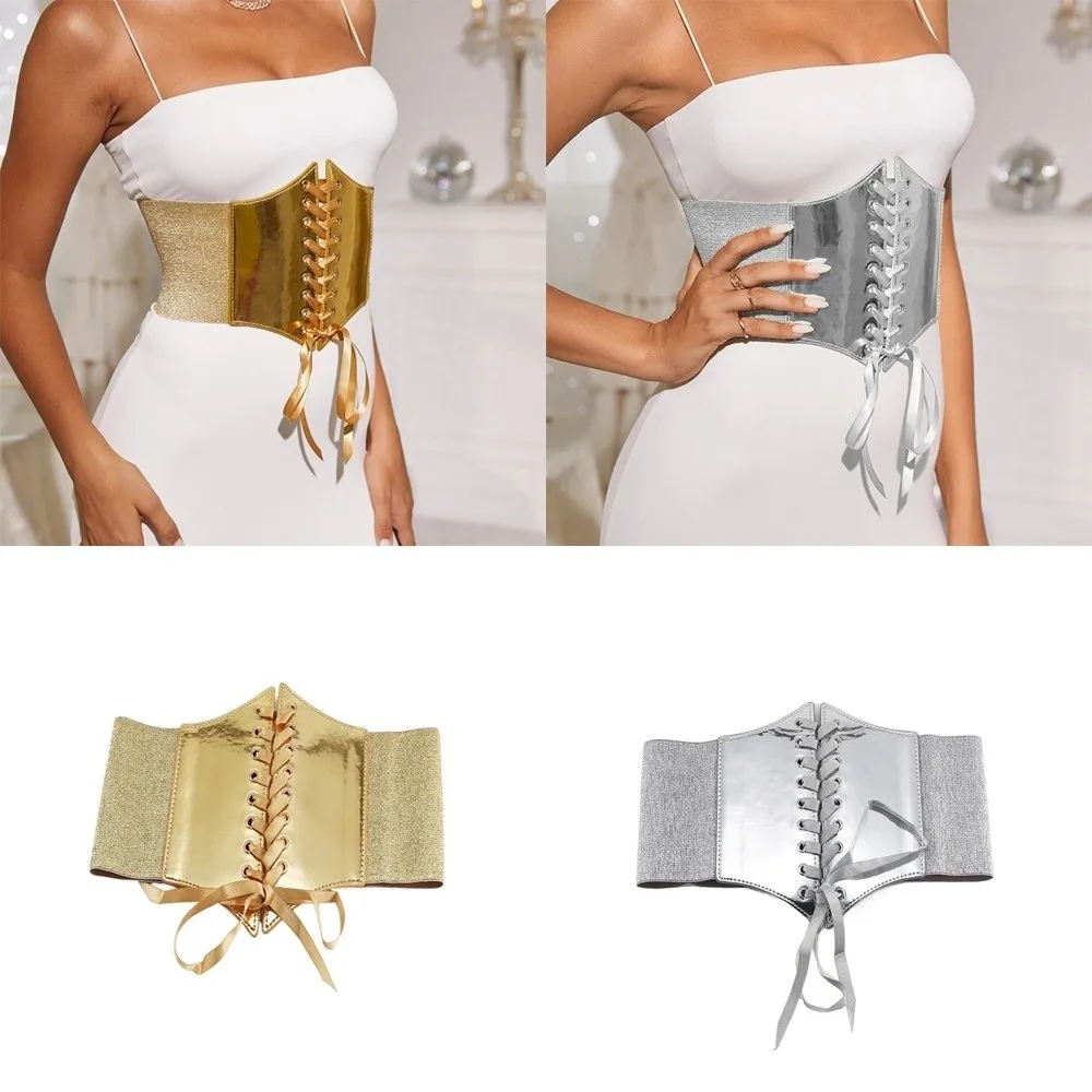 Versatile Retro Waist Belt Gold Silver Lace Up Corset Belt PU Leather Elastic Design Wide Belt for Women