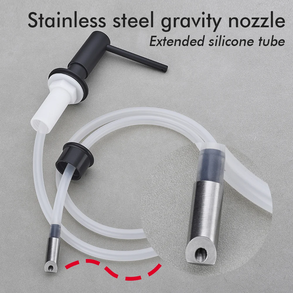 Matte Black Silicone Tube Stainless Steel Press Head Dishwashing Liquid Soap Dispenser Deck Mounted Extend Hose Longer Rubber