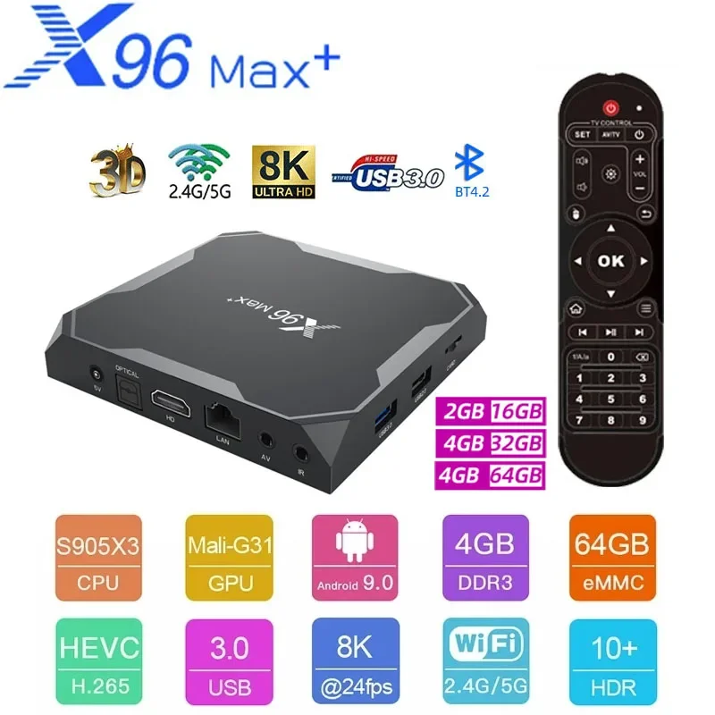 X96 MAX+  Android 9.0 TV BOX Amlogic S905X3 Quad Core 4GB 64GB 32GB 8K Wifi 1000M 4K Smart TV X96 Max Plus Youtube 2GB 16G Media