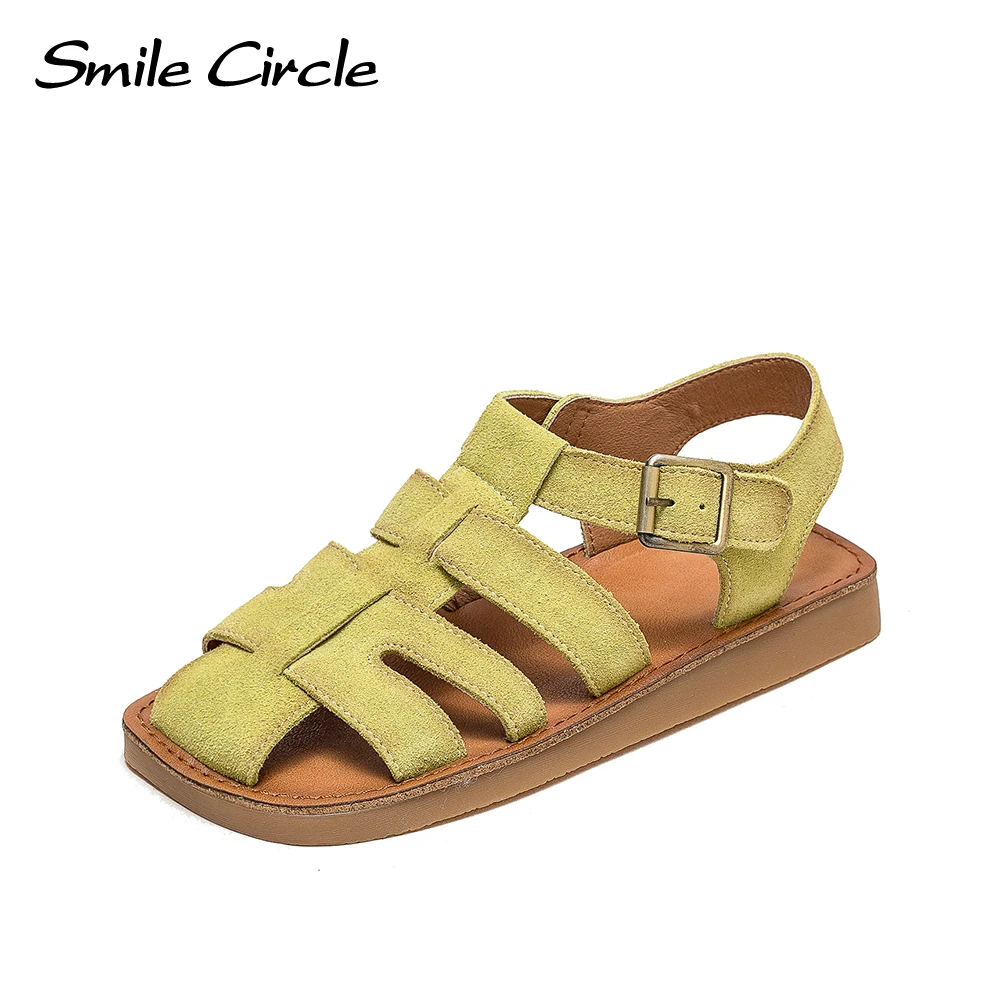 

Smile Circle Women's Sandals Summer Genuine Leather Wide Foot Flat Sandals Fashion Casual Soft Bottom Slippers