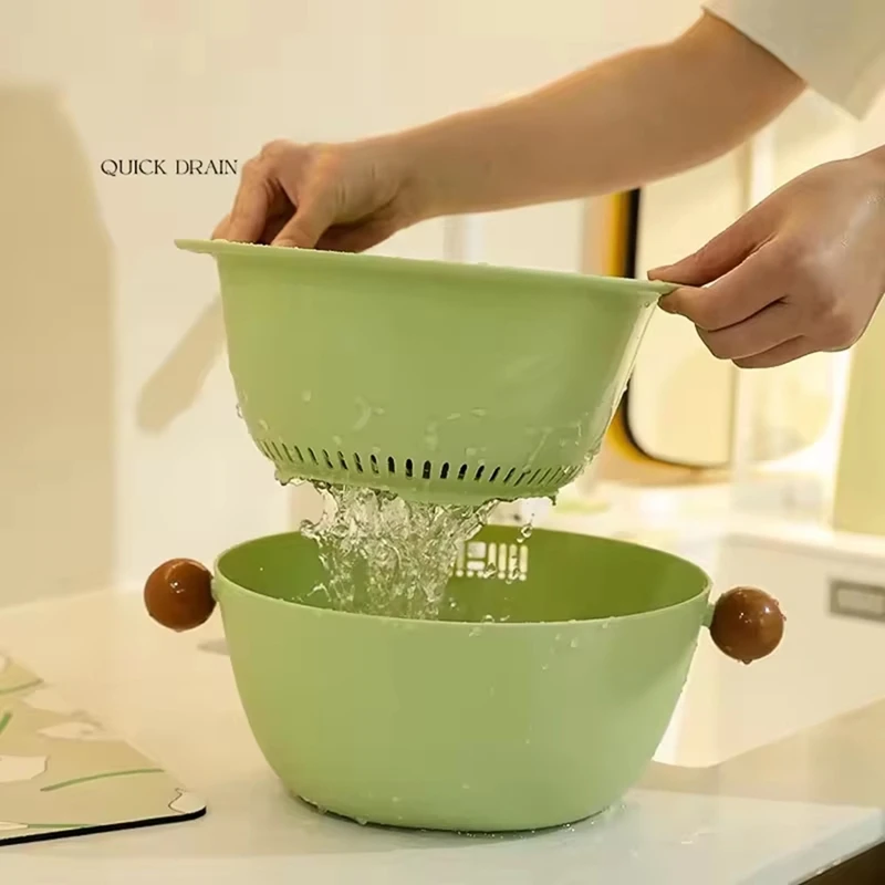 Multifunctional Double Layer Vegetable And Fruit Washing Basket, Cute Round Solid Color Design, Thickened For Durabilityabkw