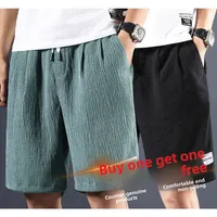 Linen Cotton Blend Men's Beach orts Summer Thin Breathable Wide Leg Pants Casual Loose Fit Five-Quarter Length Spor