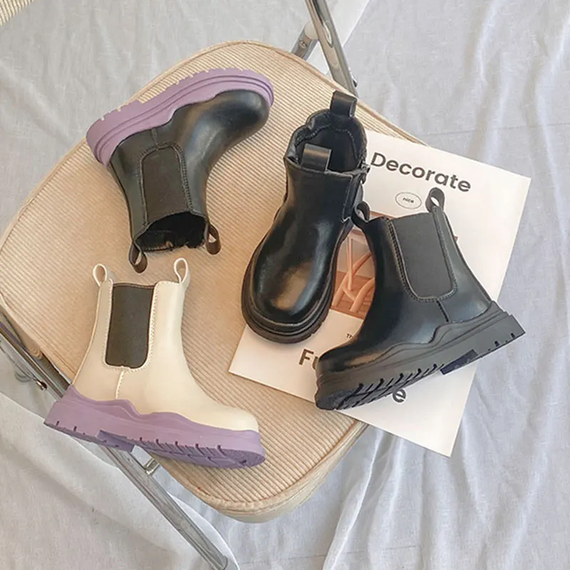 

Kids Short Boots Autumn Winter British Style Ankel Boots Non-slip Girls Shoes PU Leather Flats Casual Chelsea Short Boots Black