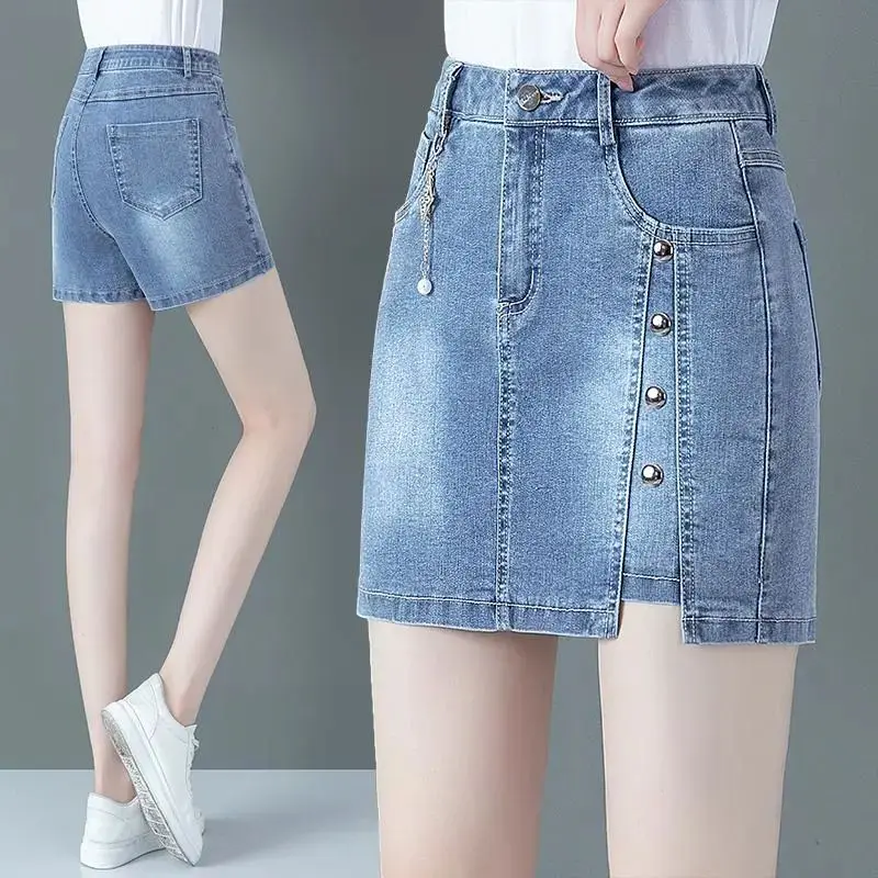 

2024 Summer New Slim High Wait Denim Short Skirt Women Washed Korean Fashion Simple Button Pocket Zipper A-word Straight Shorts