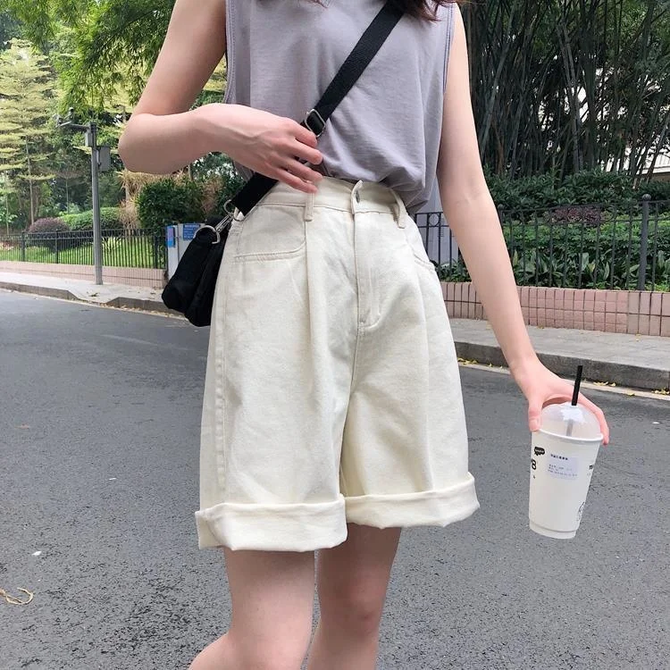 Shorts Women Elegant Loose Lovely All Match Leisure Pockets High Waist Simple College Solid Zipper Female Fashion Popular Ins biker shorts women