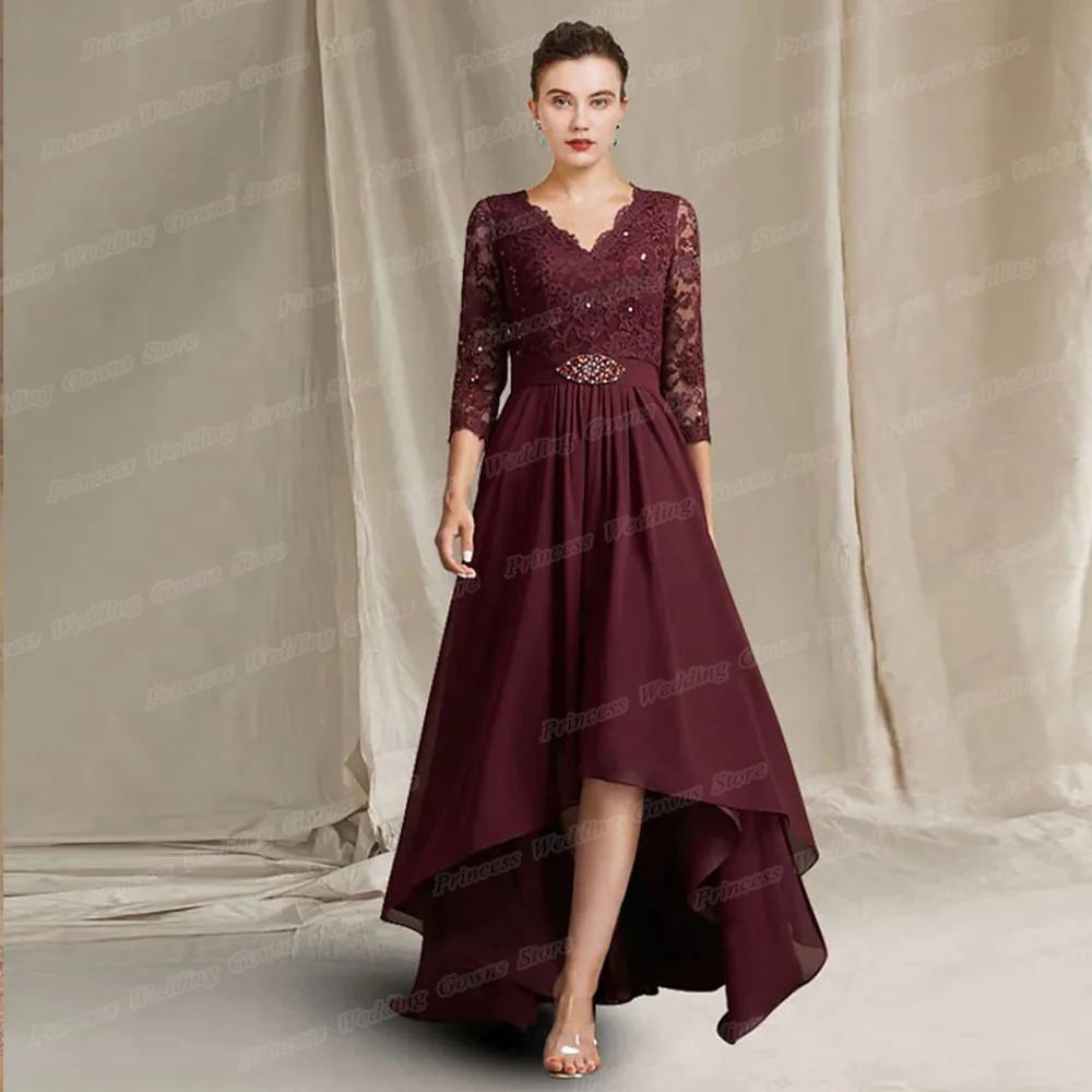 

Hi Low Chiffon Mother Of The Bride Dress For Woman With 3/4 Sleeve Floor Length Simple Wedding Party Gown Guest Custom A Line