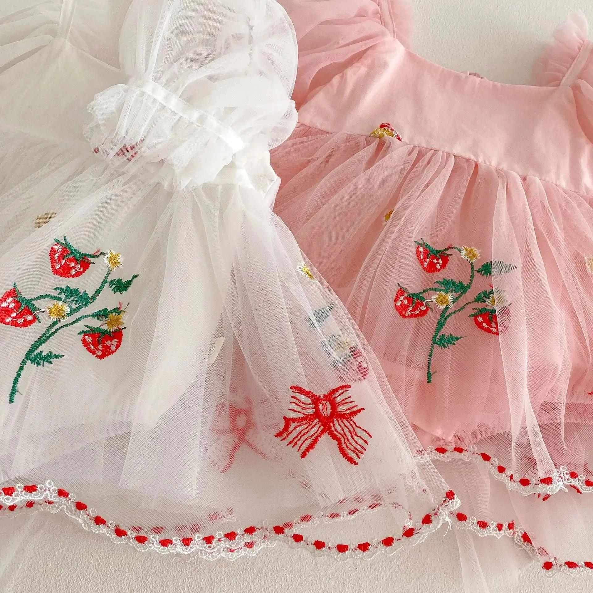 Princess Style Embroidered Butterfly Knot Net Skirt Baby Girl Outfit Summer Bubble Sleeve Bib Overalls Cotton Crawling Suit