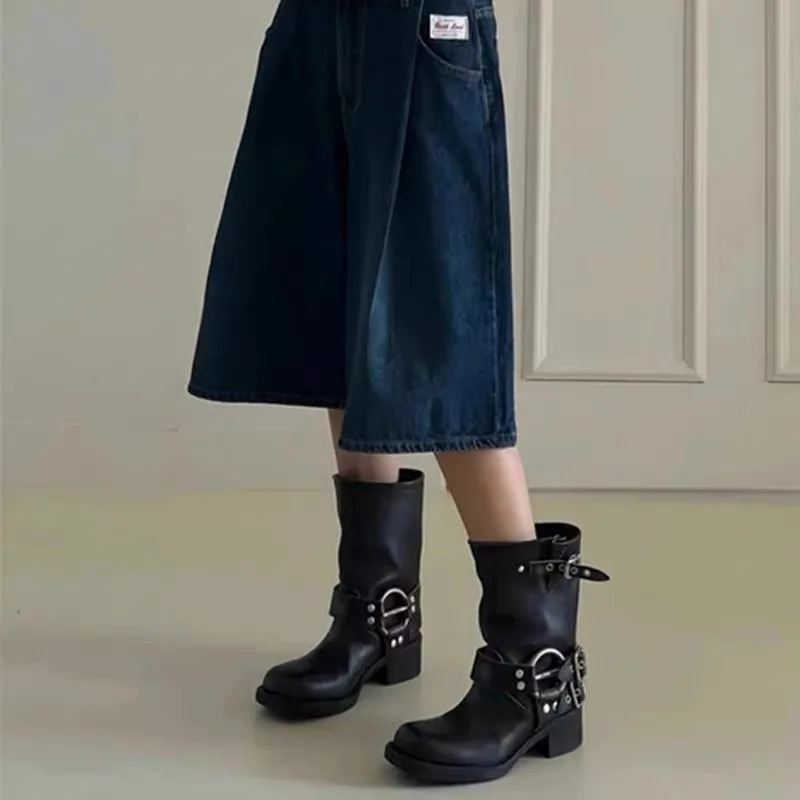 

Vintage Knight Cowboy Boots Women Chunky Heel Belt Buckle Square Toe Mid-Calf Punk Slip-On West Motorcycle Boots Work Safe Shoes