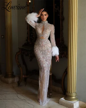 Feathers Beads Long Sleeve Celebrity Dresses See Through Party Dress Evening Gowns Robes De Soirée 2024 Customize Prom Dresses 1