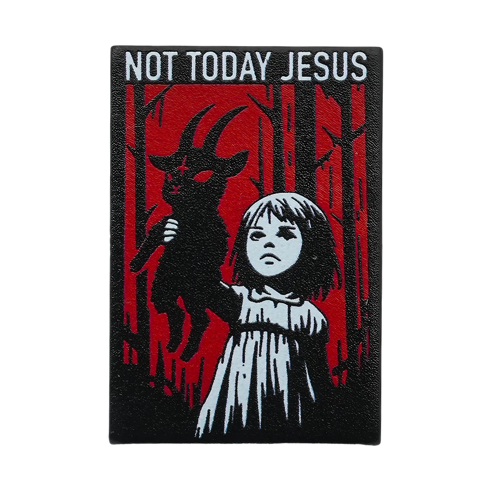 Not Today Jesus Atheism Satan Metal Enamel Brooch Scary Goat Girl Lapel Pin Sarcastic Badge Satanic