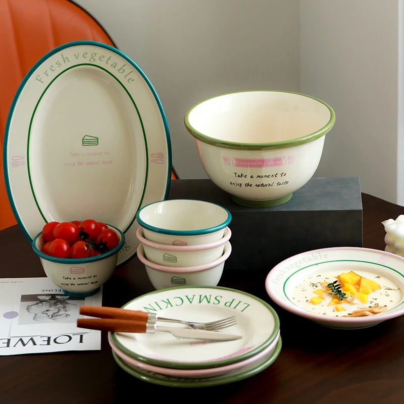 Ceramic Tableware Set Dinner Plate Rice Bowl Dishes Cute Simple Letter Printing Round Plate Home Party Tableware Warmhouse Gift