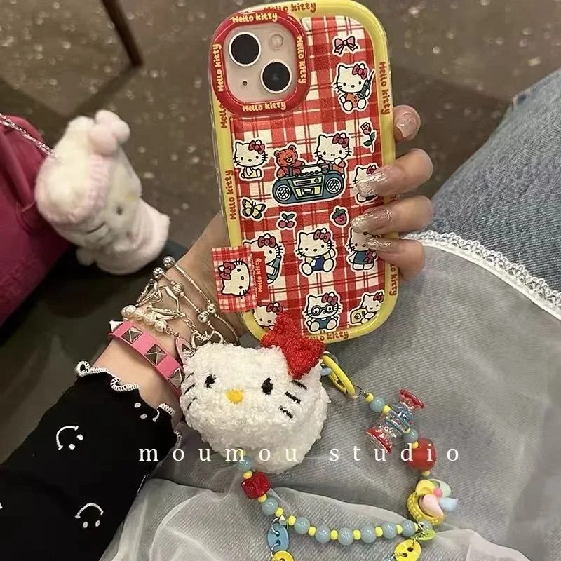 

Kawaii Sanrio Anime Hello Kitty Silicone Phone Case Cute Cartoon Niche Red Grid Paintings Graffiti Gasbag Illustration for Girls