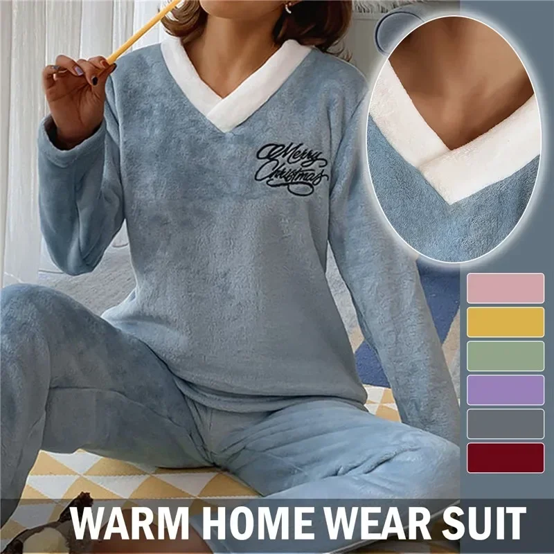 Women Pajamas Set Winter Sleepwear Solid Velvet 2 Piece Pant Home Suit Fluffy Casual Pajama Warm Round Neck Night Wear 2023