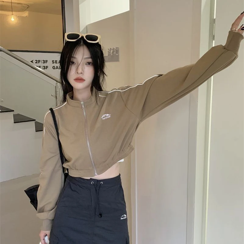 MEXZT Streetwear Women Vintage Cropped Zip Up Sweatshirt Fashion Casual Loose Long Sleeve Outwear Korean Lady Spring  Clothes