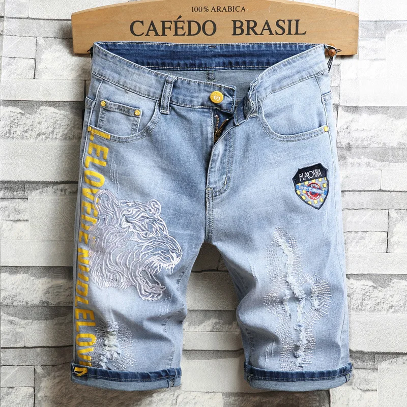 Men's Embroidered Denim Shorts Summer Thin Section Ripped Five-point Pants Stretch Trend Fashion Men's Clothing Denim Short