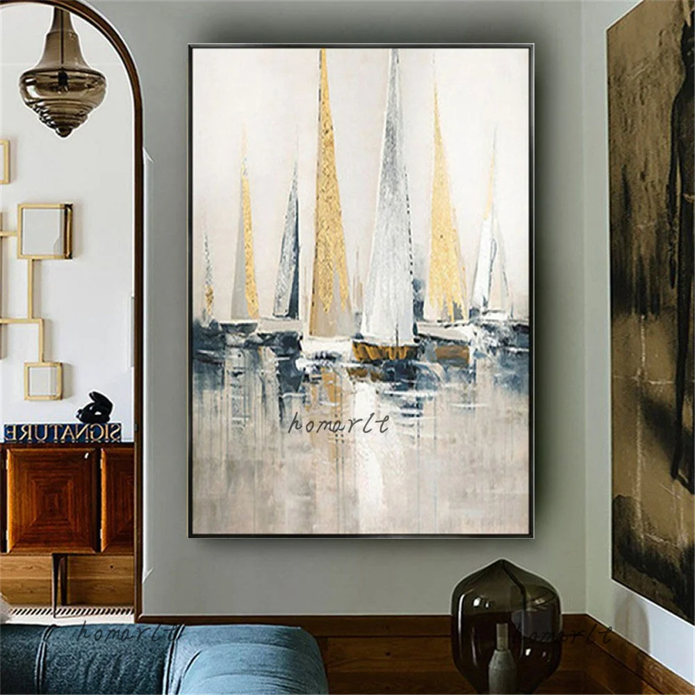 New Arrivals Gray Hand-Painted Contemporary Wall Art Modern Sailboat Oil Painting On Canvas Design Picture art |
