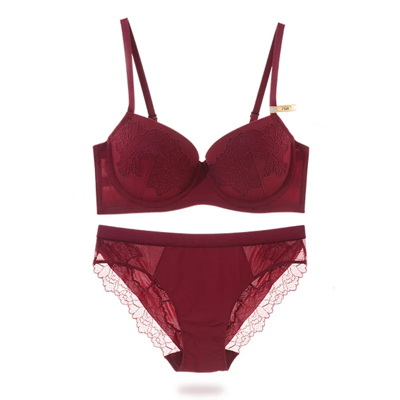Frauen Sexy Spitze Dessous Set Zwei-stück Mode Top Bh Höschen Anzug Solide Push Up Bügel 3/4 Tasse Unterwäsche für Weibliche_voghion.com
