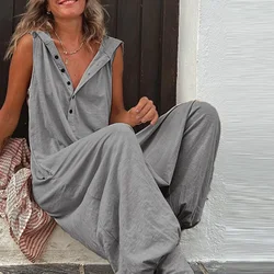 Retro Button Sleeveless Beach Romper Simple Solid Cross-pants Lady Playsuit Women Casual Loose Hooded Jumpsuit Summer Streetwear