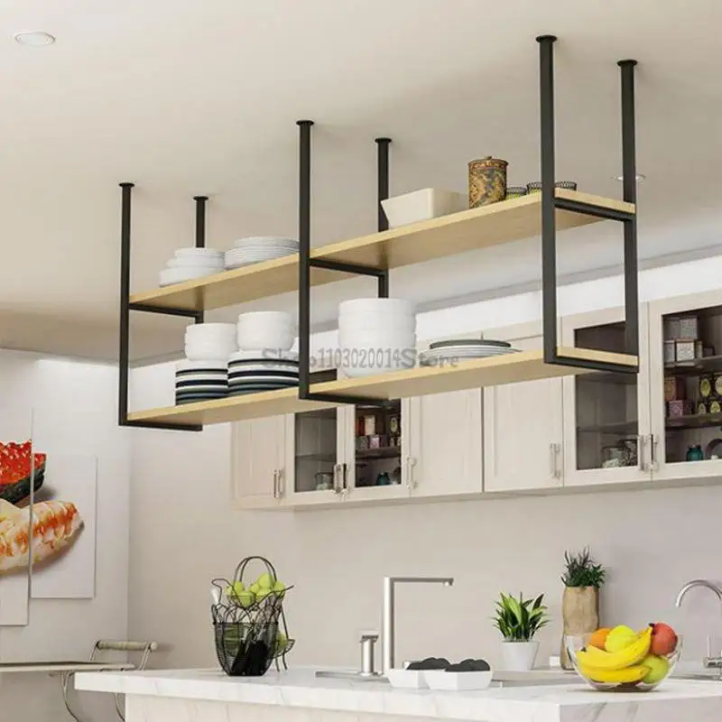 Nordic Solid Wood Kitchen Bar Hanging Rack Storage Rack Restaurant Iron Hanging Cabinet Metal Ceiling Wine