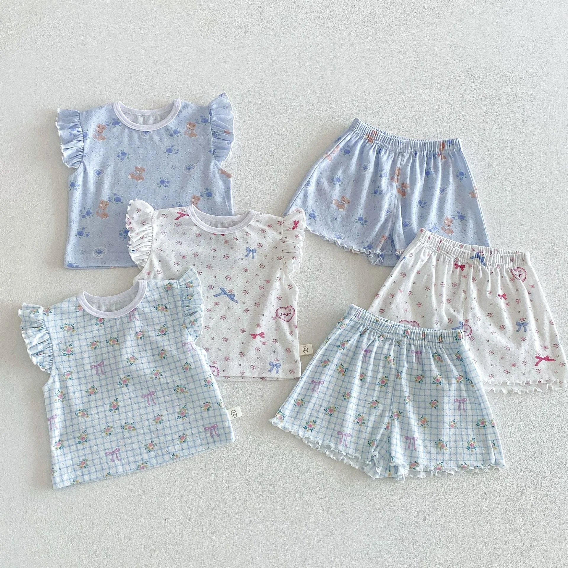 6M-5Y Summer Cute Kids Set Floral Flutter Sleeve Top+Ruffle Hem Shorts 2Pcs Clothing for Girls Breathable Soft Children Suit
