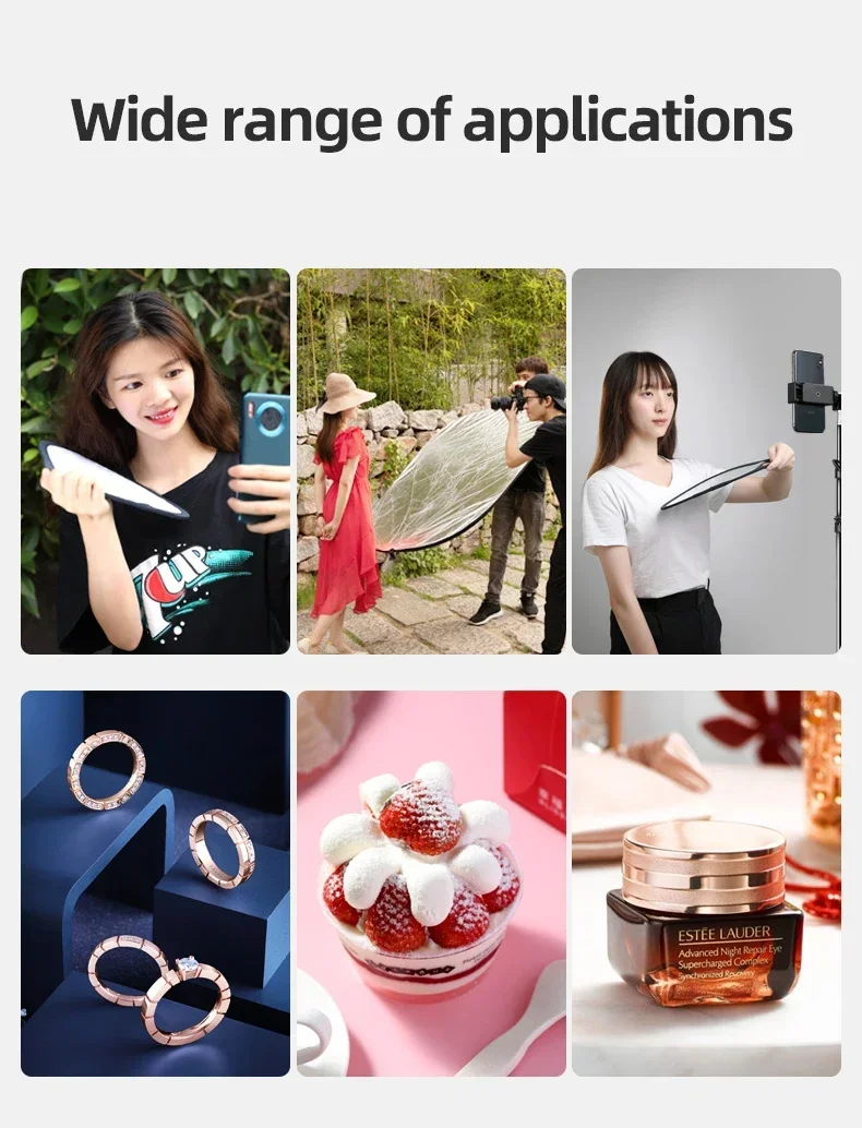 Description Picture 3 of itemSOONPHO 30CM 60CM Reflector Photography Accessory Portable 2 in1 5 in1 Gold Silver Black Holder Photo Reflector For Photo Studio