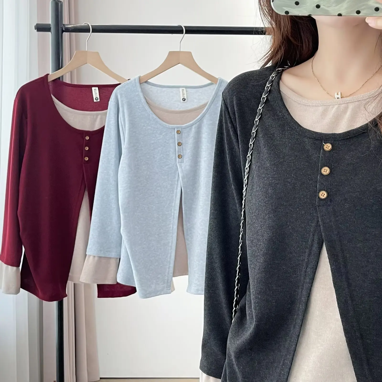 Fashion Plus Size Women's T-Shirt Autumn New Stylish round-neck Long Sleeve Fake Two Pieces Casual Tops 978